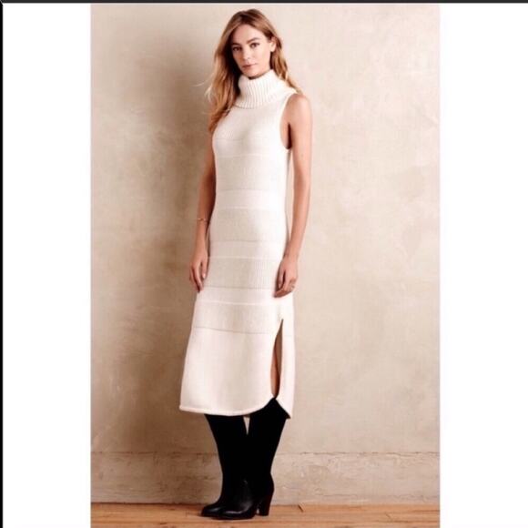 NEW ANTHROPOLOGIE Cream White Turtle Cowl Neck Sweater Maxi Midi Slit Dress XS - Picture 1 of 8